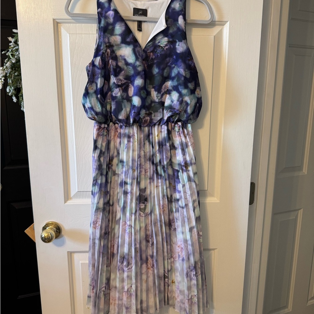 Adrianna Papell Chiffon FloweredBlue Pleated Dress with Peak-a-Boo Cut Out